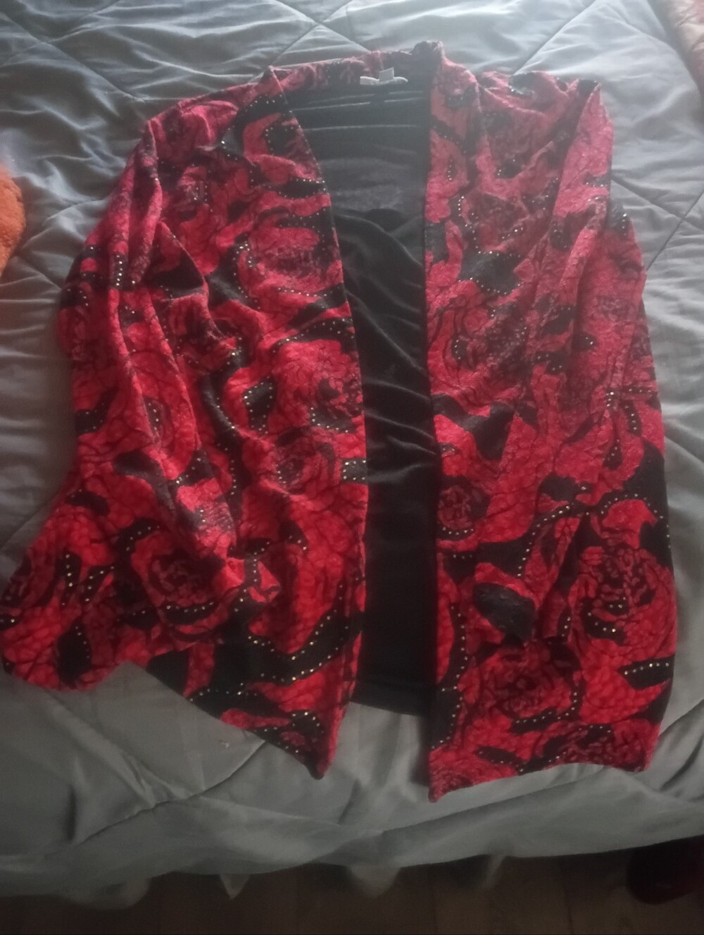 JM Collection Red and Black Floral Open Front Sweater Cardigan